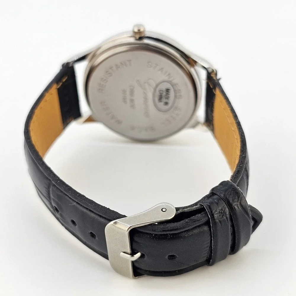 Men Easy Read Watch Analog 40MM Black Dial Black‎ Faux Leather Bands New Battery